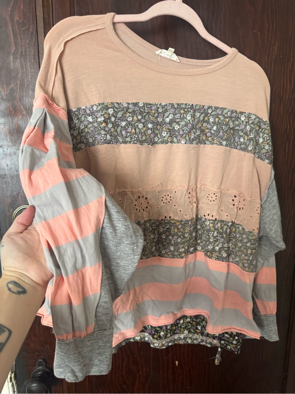 easel Peach, Gray & Floral Mixed-Print Long Sleeve Top